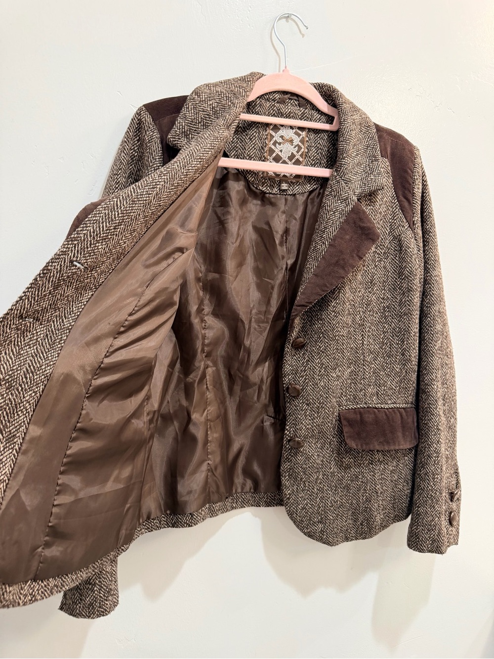 Y2K Vintage Dollhouse Herringbone Tweed Velvet Trim Riding Blazer Jacket L Brown - Picture 4 of 12
